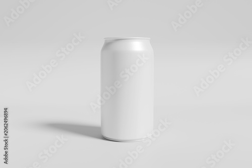 Aluminum beverage can mockup with blank white soda can template, minimalist tin container for juice or beer branding presentation, realistic 3d render on gray background