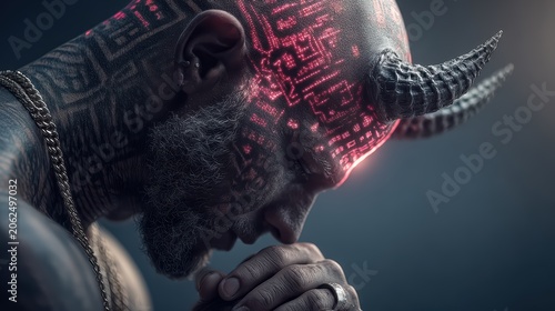 Futuristic Portrait of a Person with Tech Tattoos and Horns