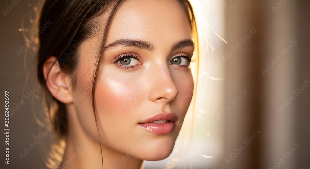 Naklejka premium Young woman portrait with soft lighting and glowing skin