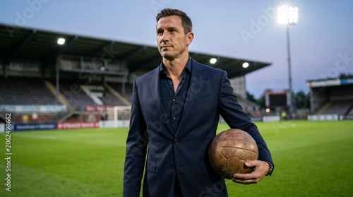 a coach in an elegant suit with the soccer ball
