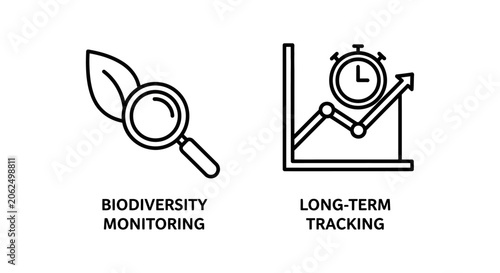 Biodiversity monitoring and long-term tracking icon set with biodiversity monitoring tracking research environment analysis magnifying measurement investigation conservation