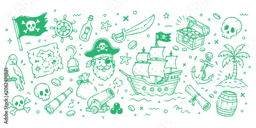 Tableau sur toile Pirate Adventure Doodle Line Icon Set Vector Illustration – Treasure Map, Pirate