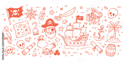 Photos Pirate Adventure Doodle Line Icon Set Vector Illustration – Treasure Map, Pirate