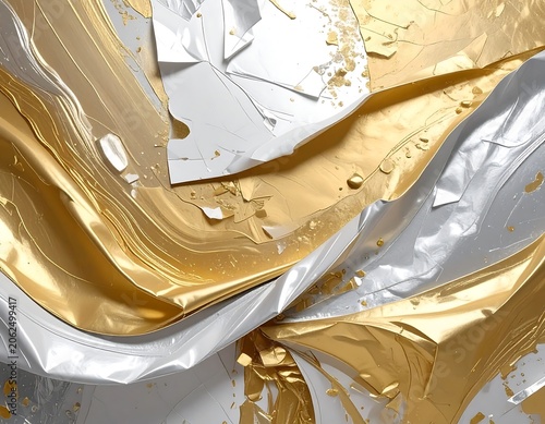 A crumpled metallic surface with gold and silver hues