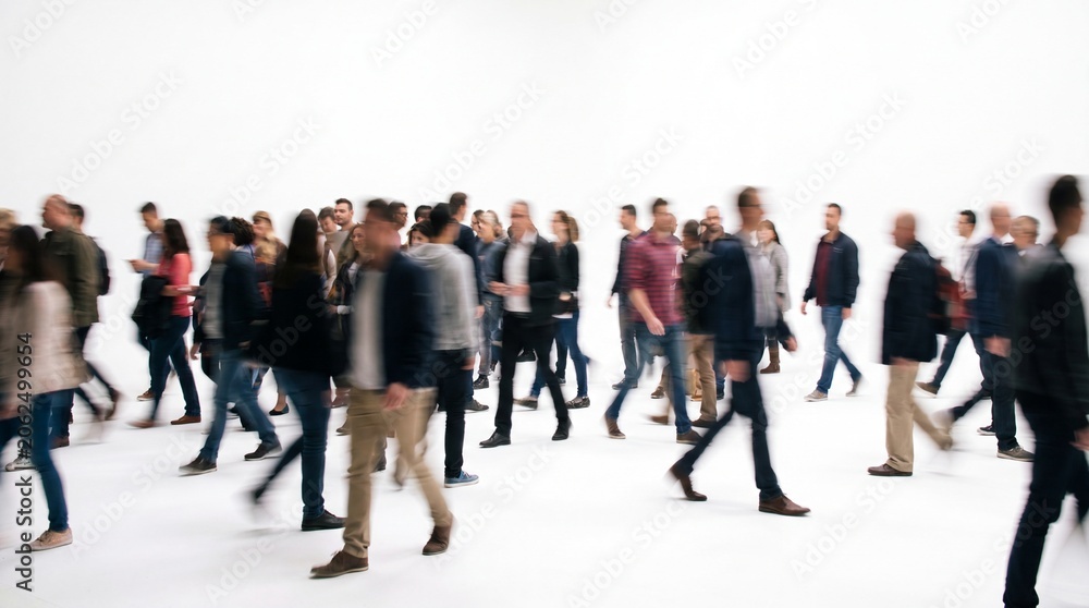 Obraz premium Blurred crowd of people walking on a white background