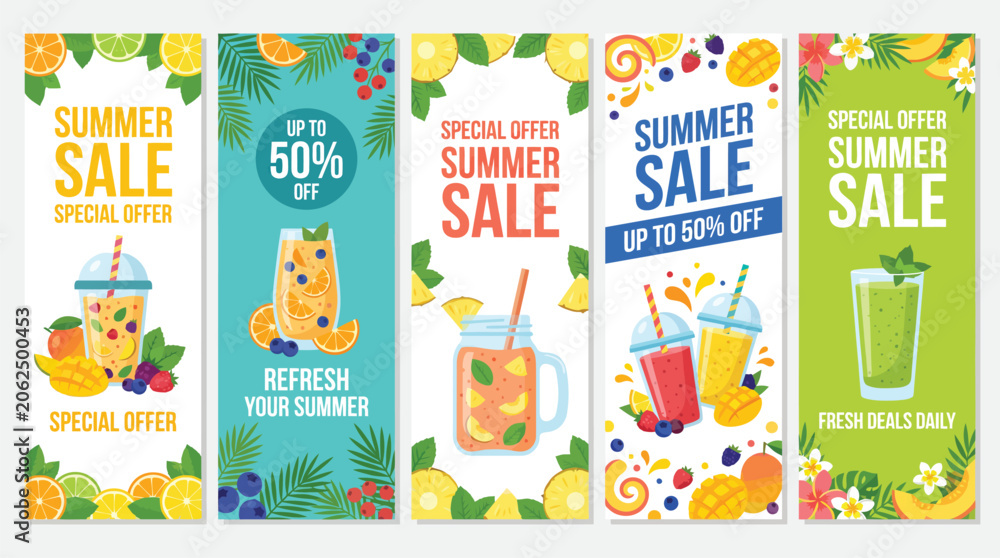 Fototapeta premium Summer sale banners with refreshing fruit drinks and tropical fruit accents