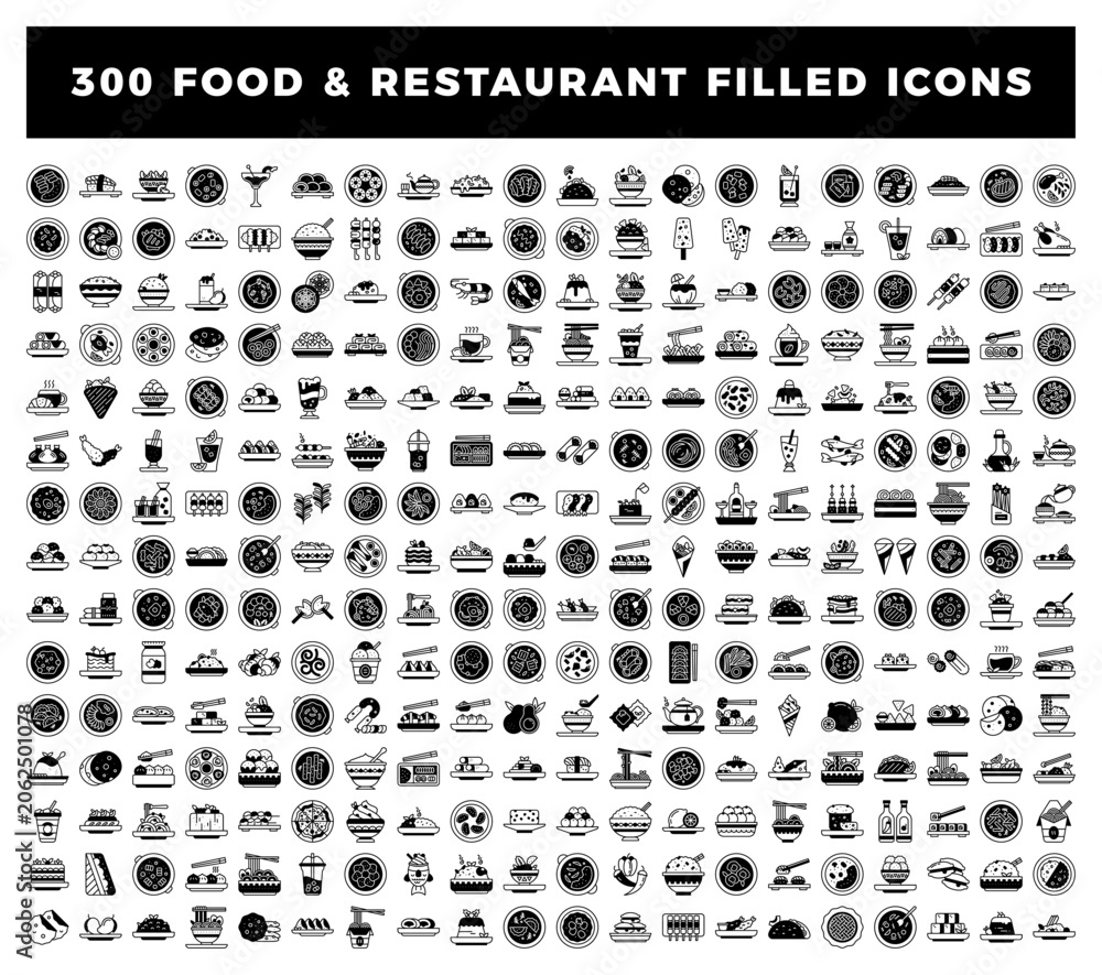 Fototapeta premium 300 Food and Restaurant Filled Icons