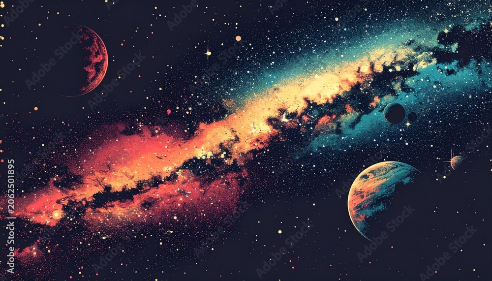 Fototapeta premium Vintage stippled background of deep space with stars and planets. Milky way, galaxy, nebula in abstract experimental pointillism style. Vector illustration in retro grainy grunge texture 
