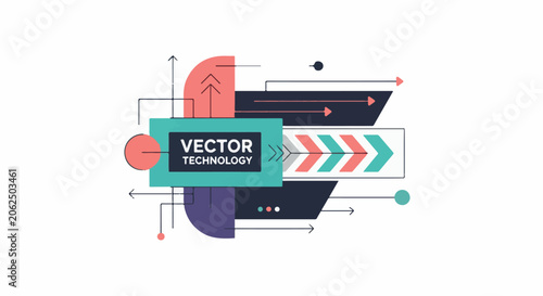 Abstract vector illustration with geometric shapes, arrows, and text