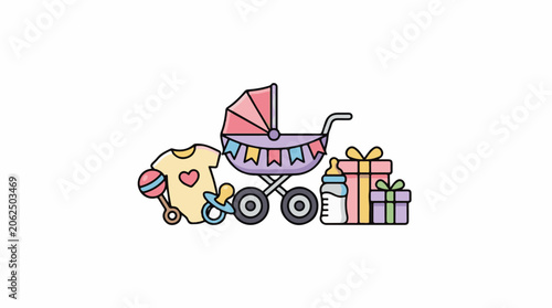 Colorful baby items including stroller, toys, and gifts for a newborn celebration