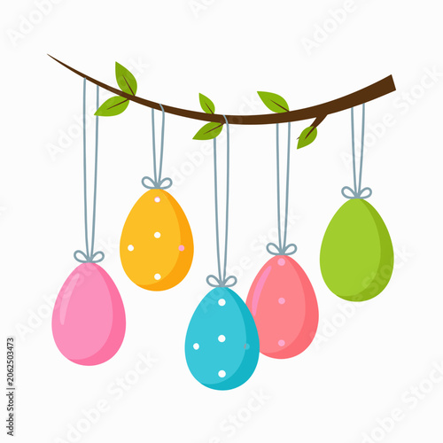 Colorful Easter eggs hanging from a tree branch