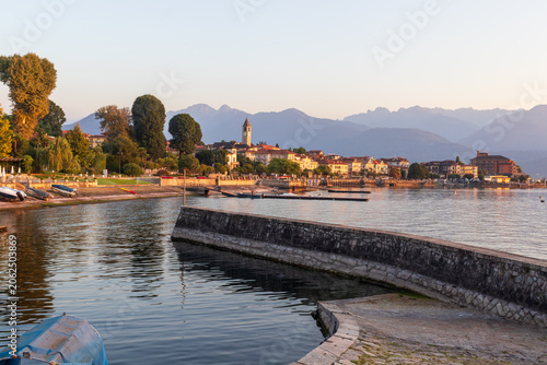 Scenic view of Baveno town on Lake Maggiore at sunrise, Piedmont, Italy