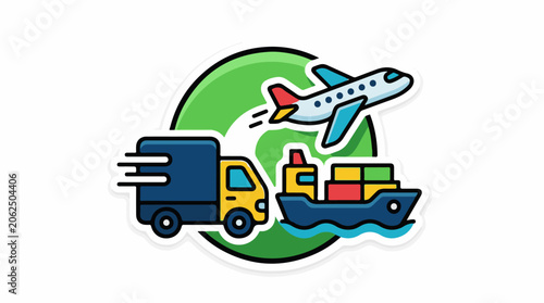 Colorful illustration of globe with transportation vehicles