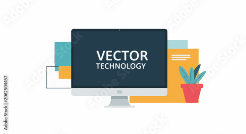 Vector graphic illustration of a computer monitor with plant