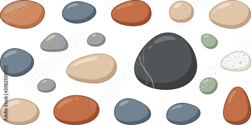 Photography Smooth sea stones vector illustration set featuring round river pebbles, colorful spa rocks, beach minerals, and isolated natural grey, brown, and black gravel elements