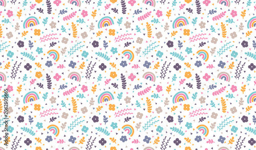 Seamless pattern featuring hand drawn rainbows and floral elements, seamless