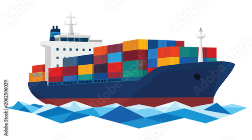 Fotografie A large cargo ship transports colorful containers across the blue ocean waves