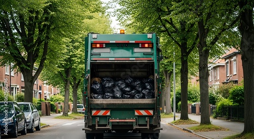A garbage truck parked on a residential street, loaded with full black bags, green scene