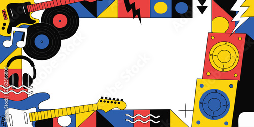 Music festival and rock concert theme frame with guitars, records, speakers, and headphones, colorful vector illustration