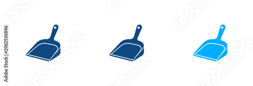 Set of blue plastic dustpan icons for cleaning and household chores.