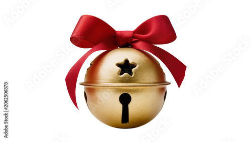 Foto Golden jingle bell with red ribbon bow and cutouts