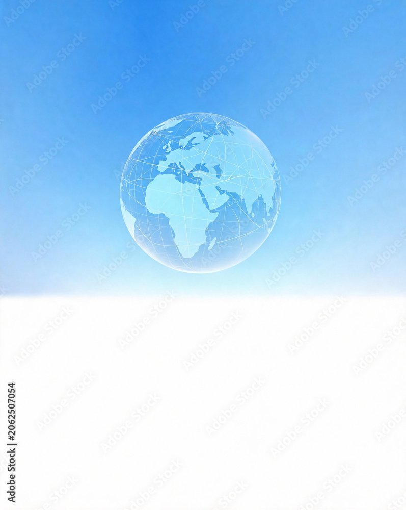 Naklejka premium Translucent blue globe floating between sky and white background