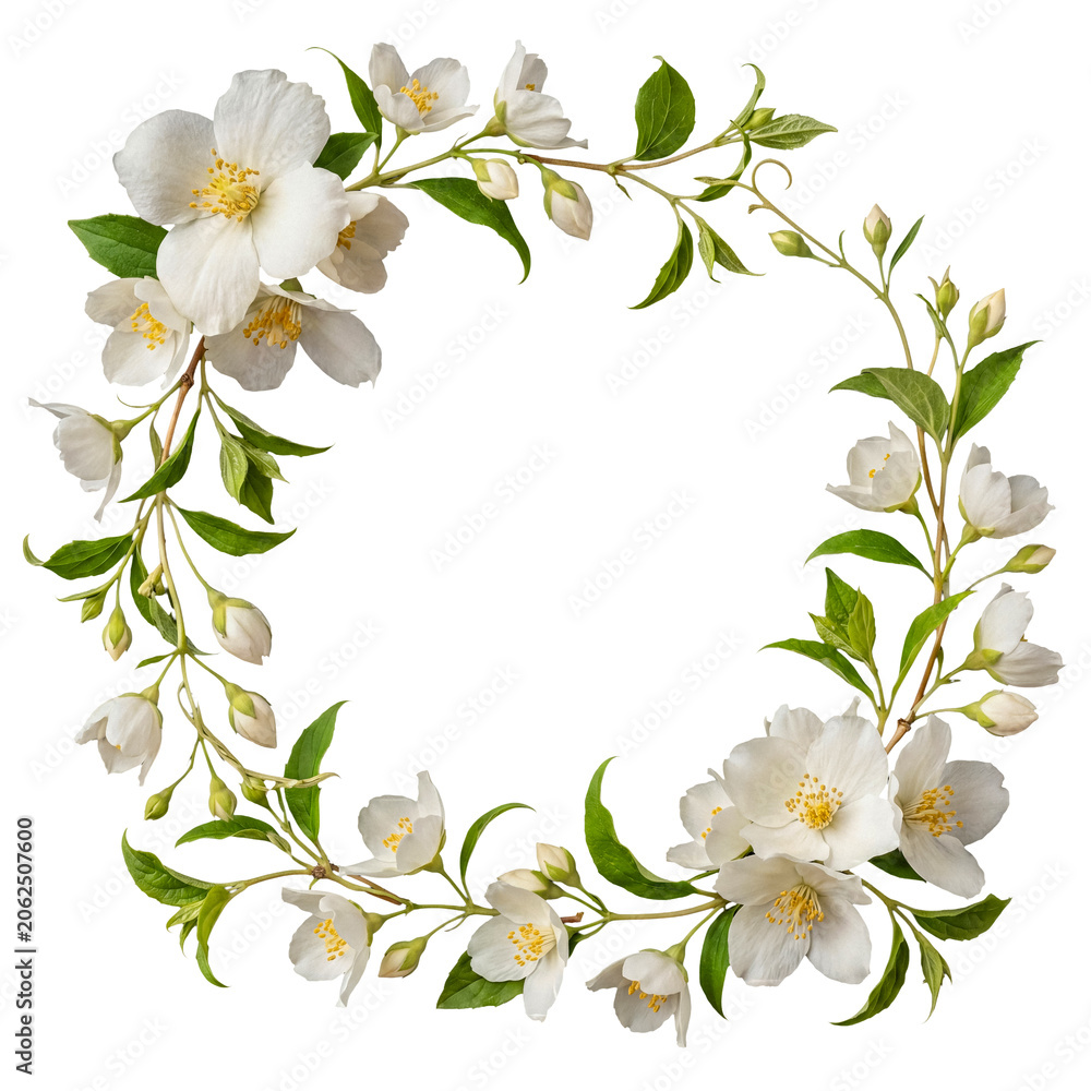 Obraz premium Vibrant circular wreath of fresh jasmine flowers and green leaves, isolated on a transparent background.