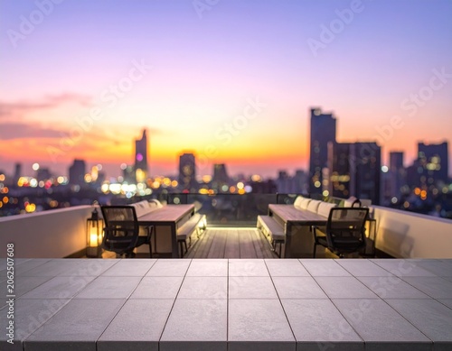 Blurred rooftop terrace office space, soft evening light, skyline bokeh