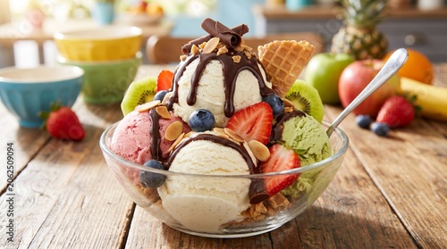 Delicious bowl of assorted scoops of ice cream topped with chocolate sauce and fresh fruit.