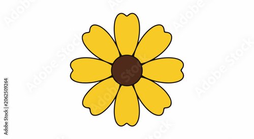A stylized, simplified flower with yellow petals and a brown center