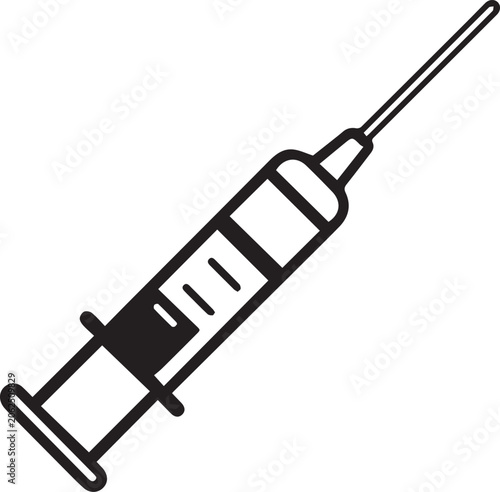 Photos A medical syringe and needle icon, symbolizing healthcare, medicine, and vaccination, is depicted in a clean, black-and-white graphic illustration