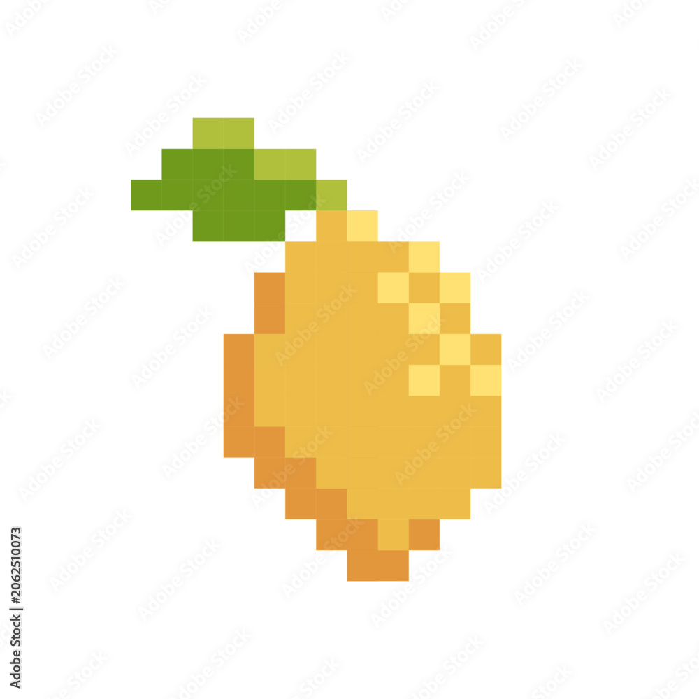 Fototapeta premium Cute lemon pixel art icon, sweet 8 bit yellow citrus fruit with leaf isolated vector illustration on white for cross stitch pattern design