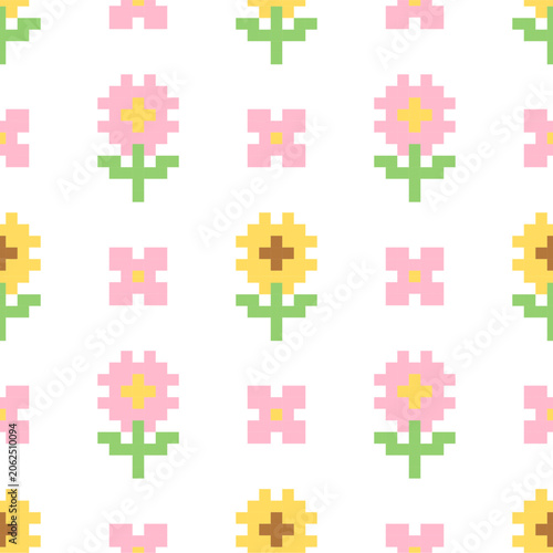Cute flower pixel art seamless pattern, sweet 8 bit blossom cross stitch pattern and embroidery vector background on white for nursery