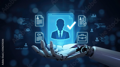 Exploring ai recruitment tools robotic hand analyzing candidate profiles in a digital workspace futuristic environment innovative technology concept