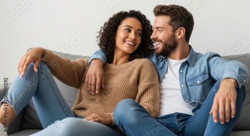 Happy couple sitting on a sofa and looking at each other