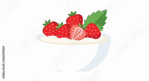 A bright, flat-style illustration of a bowl of creamy dessert topped with fresh strawberries and green leaves