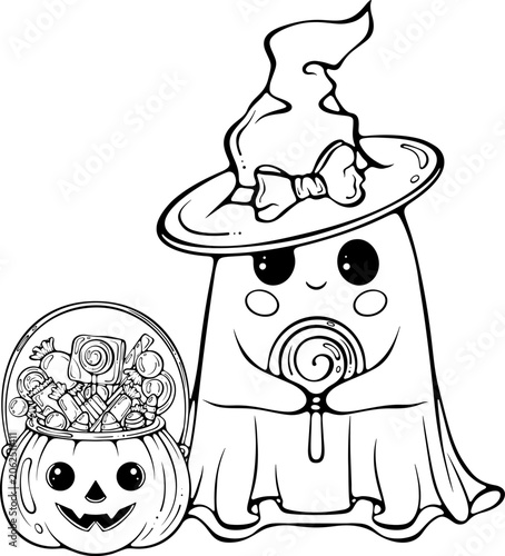 Halloween cute kawaii ghost in witch hat holding lollipop near Jack o lantern candy basket. For scary decor, coloring book. Vector illustration in hand drawn doodle style. Line art isolated on white
