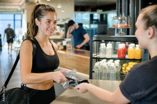 Plakat Radiant gym goer completes refreshing drink purchase at club cafe