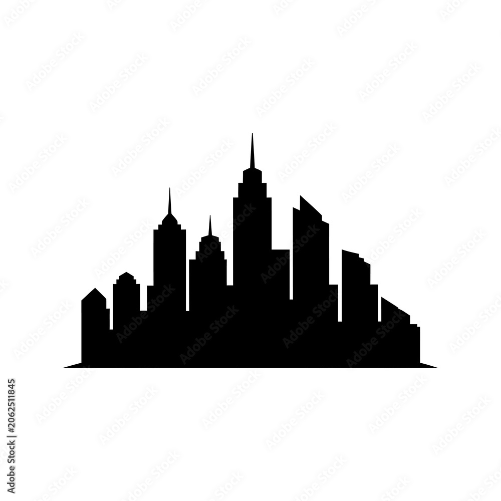 Fototapeta premium Cityscape silhouette of modern buildings against a grey background.