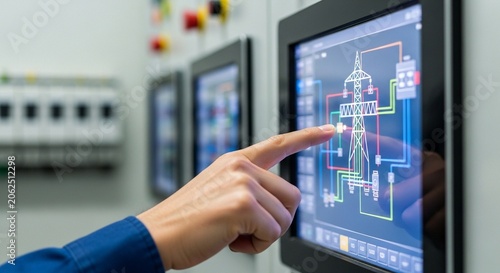 Close-up of finger touching digital HMI screen in industrial electrical room