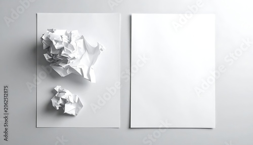 Crumpled paper on clean white sheets.