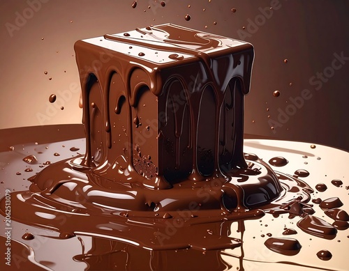 A cube of melted chocolate on a flat surface
