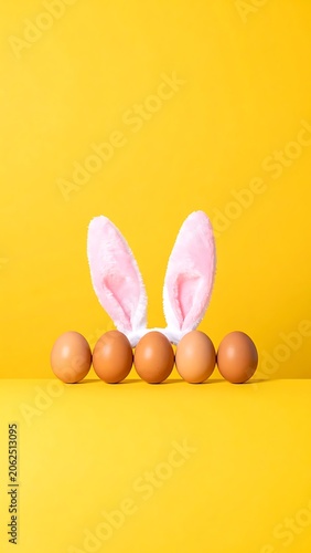 Easter eggs with bunny ears on yellow.