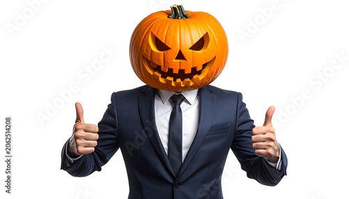 Halloween business man with pumpkin head.