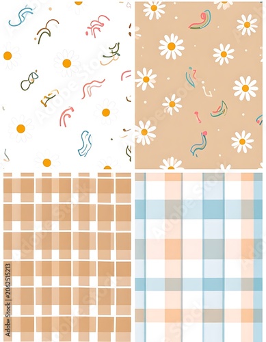 Colorful plaid and floral patterns.