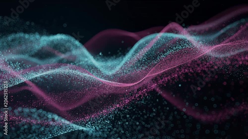 Glowing digital particles forming overlapping wave patterns symbolizing data flow network connections.