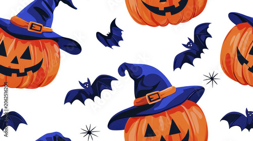 Cartoon pumpkins with witch hats and bats create festive Halloween atmosphere, perfect for decorations and celebrations