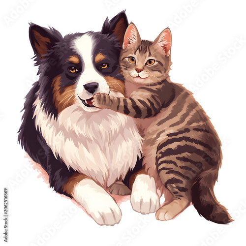 Friendship between dog and cat isolated on transparent background vector illustration