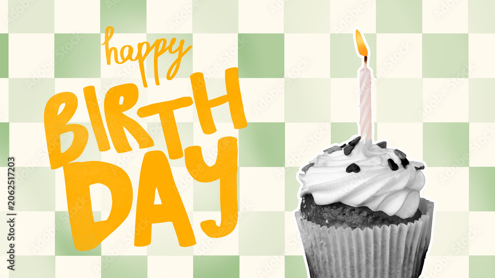 Fototapeta premium Celebration of a birthday with a cupcake and a candle on a green checkered background