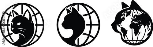 Global cat network logo set featuring world globe and feline profile.